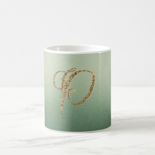 OLIV GRÖNT GULD GLITTER BREV P KAFFEMUGG (Center)