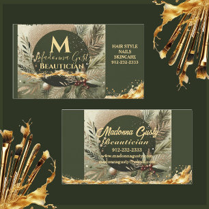 Oliv grönt Guld Monogram Beautician Professionell Visitkort