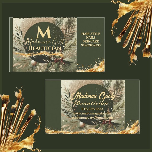 Oliv grönt Guld Monogram Beautician Professionell Visitkort (Olive Green Gold Monogram Beautician Professional Business Card)