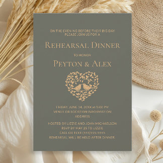 Oliv grönt Heart Love birds Rehearsal Middag Inbjudningar