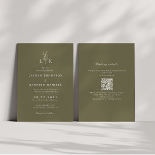 Oliv grönt Löv Monogram QR-koden Bröllop Inbjudningar