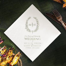 Oliv grönt löv, ovala, utandningsmonogram, bröllop pappersservett