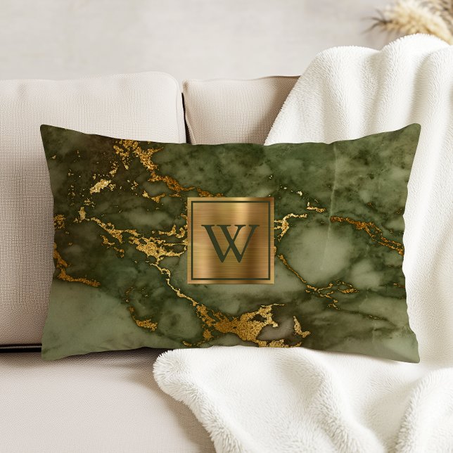 Oliv grönt marble Faux Gold Foil Monogram Prydnadskudde (Skapare uppladdad)