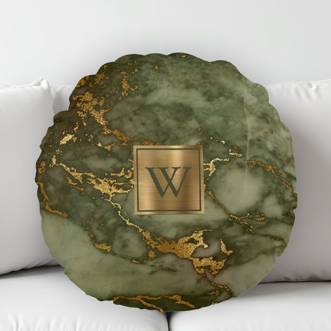 Oliv grönt marble Faux Gold Foil Monogram Rund Kudde (Skapare uppladdad)