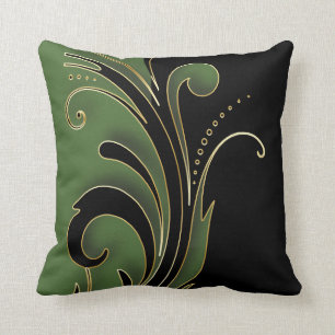 oliv grönt med Black Florid Design Mönster Kudde