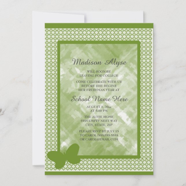 Oliv grönt med Butterfly College Trunk Party Inbjudningar (Framsida)