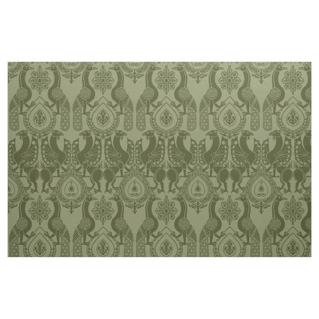 Oliv grönt medeltida peacockor och Dragons Tyg (Fat Quarter)