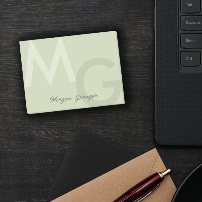 Oliv grönt minimalt rent modernt stort monogram post-it block (Skapare uppladdad)