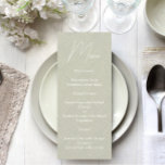 Oliv grönt Modern Minimalist Bröllop Menu Meny<br><div class="desc">Elegant oliv grönt bröllop-menyer. Med ett modernt,  minimalistiskt faux struktur-design är detta perfekt för ditt evenemang. Hitta matchande objekt i min butik.</div>