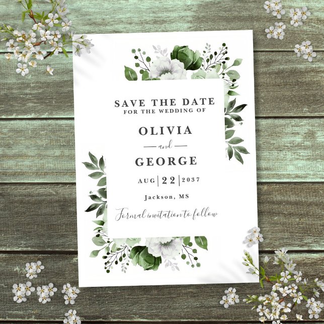 Oliv grönt Modern Watercolor Blommigt Bröllop Spara Datumet (Olive Green Modern Watercolor Floral Wedding Save The Date)