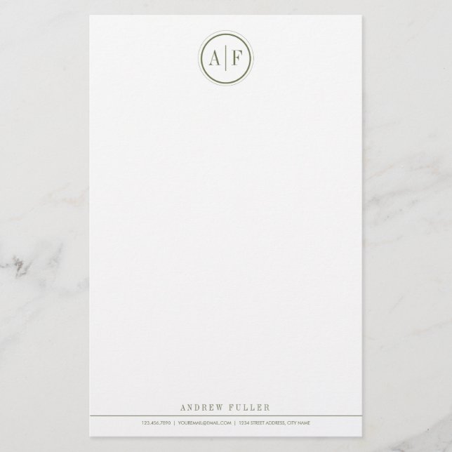 Oliv grönt Monogrammed brevpapper för klassiker (Framsida)