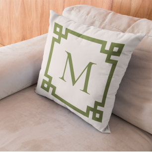 Oliv grönt monogrammet grekiska Nyckel Gräns Kudde
