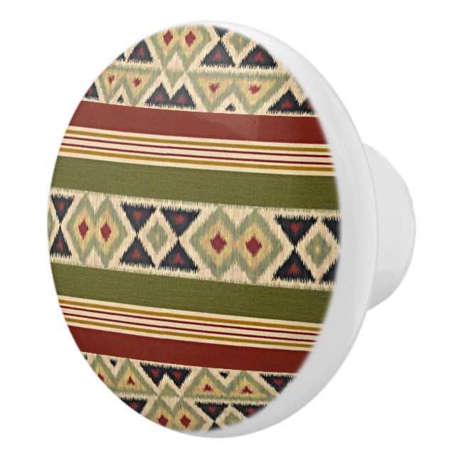 Oliv grönt Mustard Ochre Gult Tribal Ikat Art Knopp (Höger)