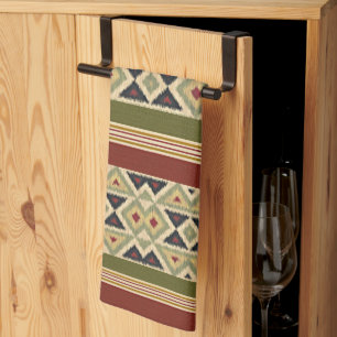 Oliv grönt Mustard Ochre Gult Tribal Ikat Art Kökshandduk