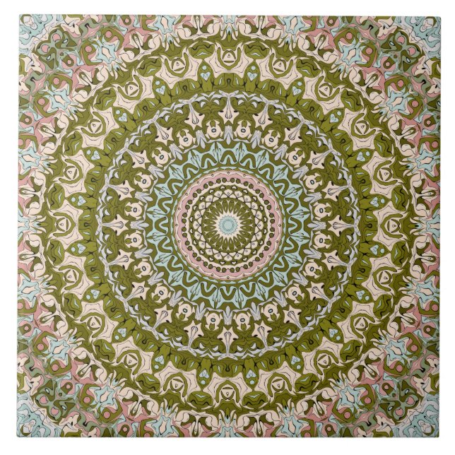 Oliv grönt och Pastel Mandala Mönster Kakelplatta (Framsidan)