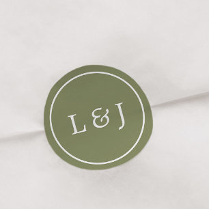 Oliv grönt och vita Bröllop Monogram Runt Klistermärke