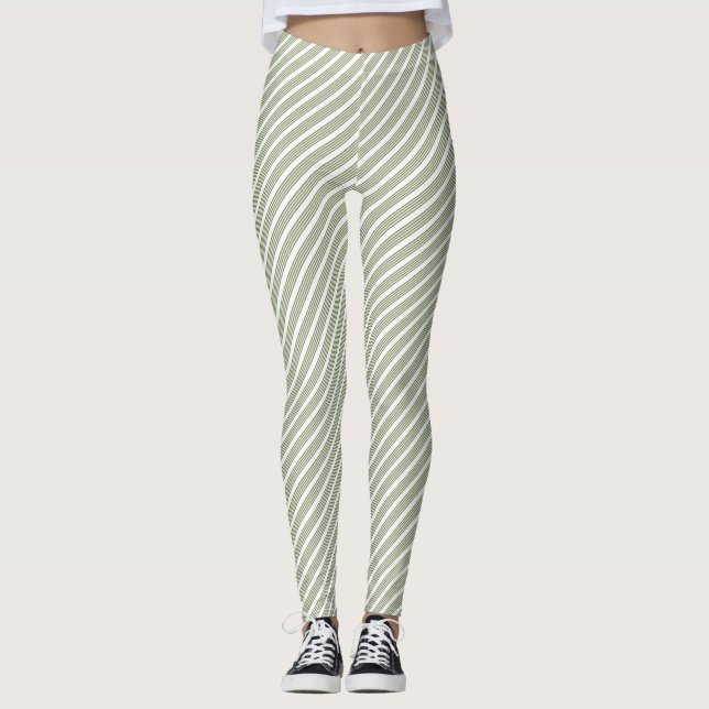 Oliv grönt och vita fem rand mönster leggings (Framsida)