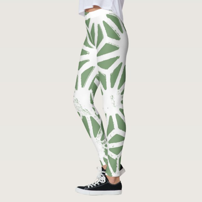 Oliv grönt och vita geometriska mönster leggings (Vänster)