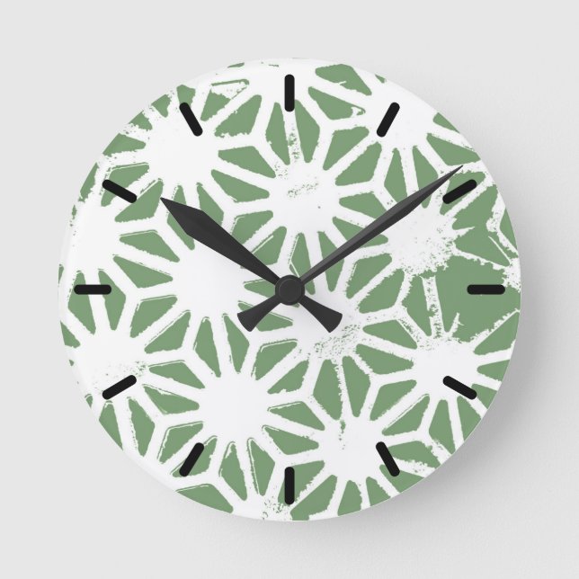 Oliv grönt och vita geometriska mönster rund klocka (Framsida)