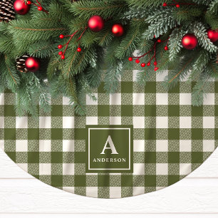 Oliv grönt och vita Gingham Play Monogram Julgransmatta Borstad Polyester