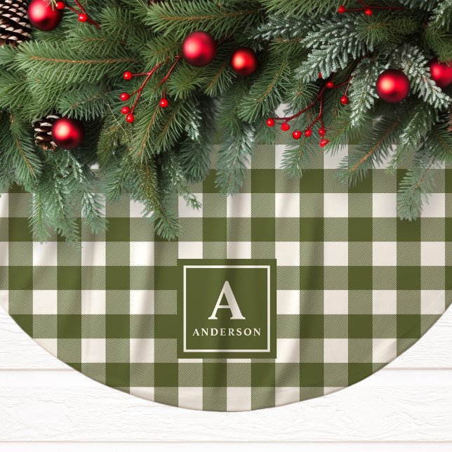 Oliv grönt och vita Gingham Play Monogram Julgransmatta Borstad Polyester (Skapare uppladdad)
