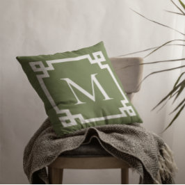 Oliv grönt och vita monogrammet grekiska Nyckel Gr Kudde