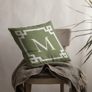 Oliv grönt och vita monogrammet grekiska Nyckel Gr Kudde