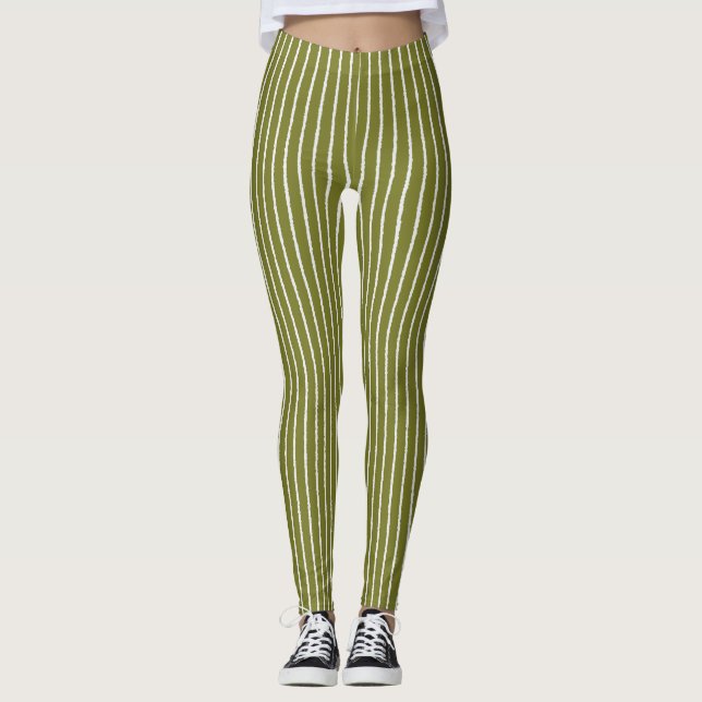 Oliv grönt och vita Rand med Uneven Linjer Leggings (Framsida)