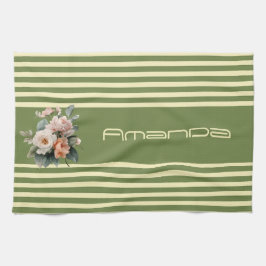 Oliv grönt överkant med Beige Rand Blommigt Kökshandduk