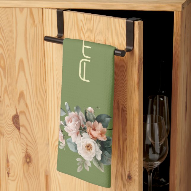 Oliv grönt överkant med Beige Rand Blommigt Kökshandduk (Thirds Fold)