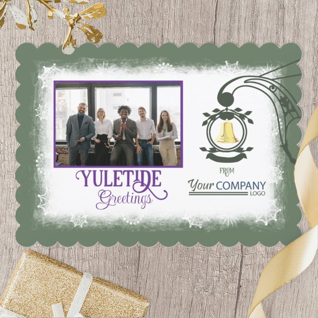 Oliv grönt, Plum Lila Guld Bell Company Helgdag Julkort (olive sage green purple plum text business logo, company Christmas card with gold bell and photo)