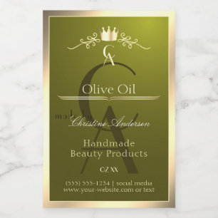 Oliv grönt produktmärkning med Guld Ram Monogram Mat Etikett