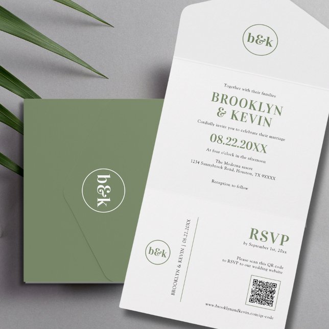 Oliv grönt QR-kod för minimala budgetar | FOTO (Minimalist Budget Olive Green QR Code  PHOTO All In One Invitation)