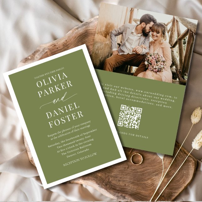 Oliv grönt QR-kod Fotominimalistisk Bröllop Inbjudningar (Skapare uppladdad)