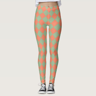 Oliv grönt Salmon Rosa Checker Diamond Mönster Leggings
