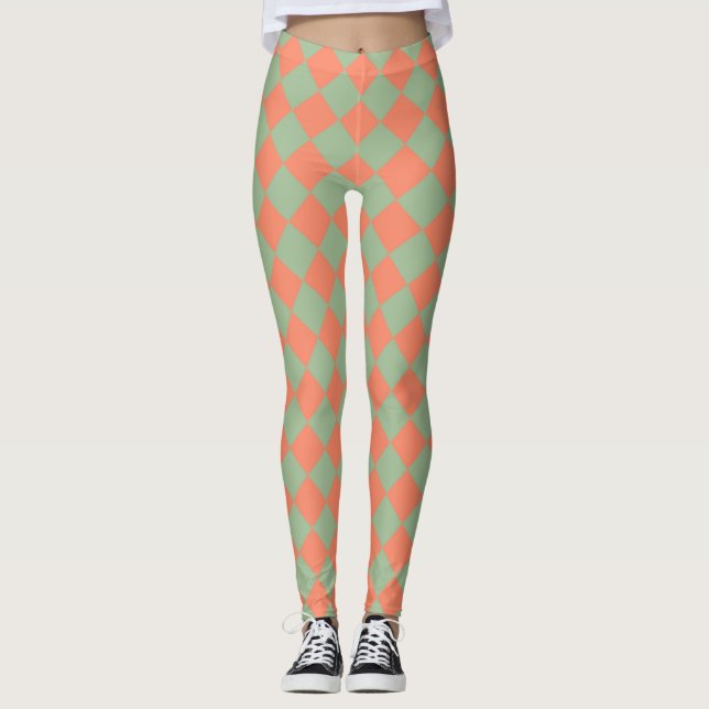 Oliv grönt Salmon Rosa Checker Diamond Mönster Leggings (Framsida)