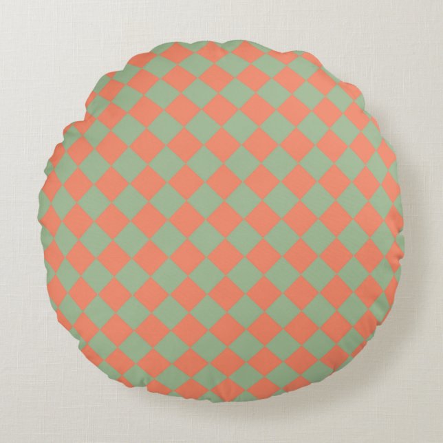 Oliv grönt Salmon Rosa Checker Diamond Mönster Rund Kudde (Framsidan)