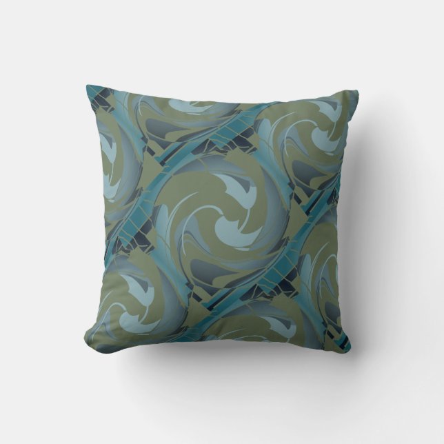 Oliv grönt Seafoam Grått Slanted Swirling Shapes Kudde (Framsida)
