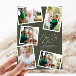 Oliv grönt skript för multifotomodern elegant julkort<br><div class="desc">Modern,  minimal snyggt med flera fotofamiljers elegant för heminredning,  skript för textfred,  glädje och kärlek Helgdag julkort,  ideårsdag. Modern utveckling i oliv grönt färg kan ändras.</div>