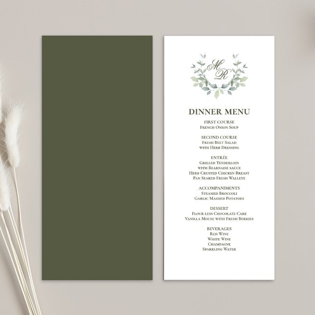 Oliv grönt skriptmeny Klassiskt Bröllop-innermeny Meny (Elegant green motif wedding menu card template)