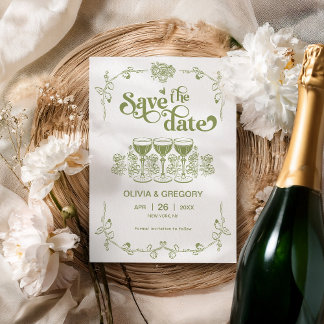 Oliv grönt Sparking champagne Spara datum Inbjudningar