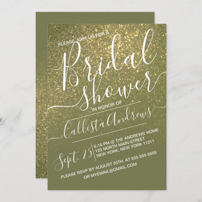 Oliv grönt Sparkly Glitter Ombre-Möhippa Inbjudningar (Fram/baksida)
