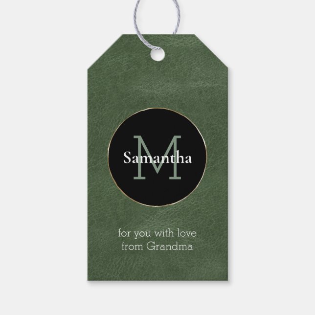 Oliv grönt svart vit Guld-monogram jul Presentetikett (Framsidan)