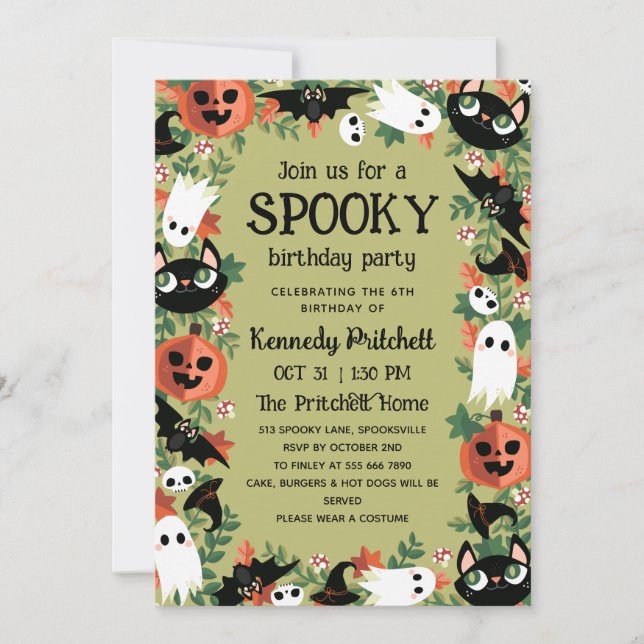 Oliv grönt taloky Halloween Barns födelsedag Party Inbjudningar (Framsida)