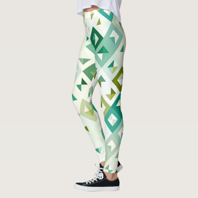 Oliv grönt Teal Blue Ivory Mosaic Art Mönster Leggings (Vänster)