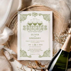Oliv grönt Vintage Sparking champagne bröllop Inbjudningar