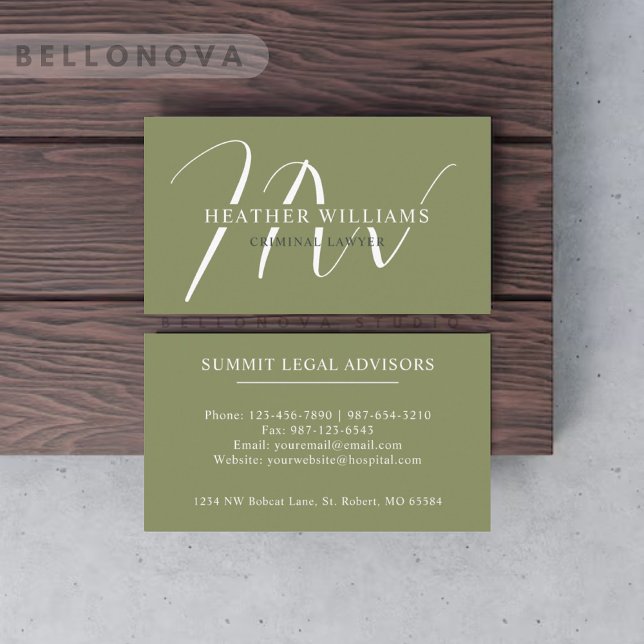Oliv grönt vitt monogram för anpassad namnmätarsid visitkort (Custom Name Moss Sage Olive Green White Monogram Business Card)