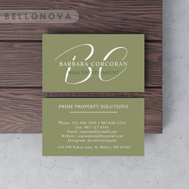 Oliv grönt vitt monogram för anpassad namnmätarsid visitkort (Custom Name Moss Sage Olive Green White Monogram Business Card)