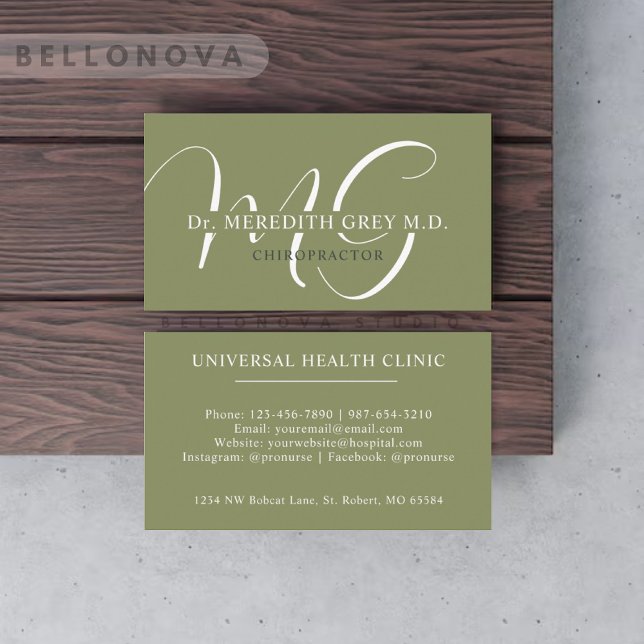 Oliv grönt vitt monogram för anpassad namnmätarsid visitkort (Custom Name Moss Sage Olive Green White Monogram Business Card)