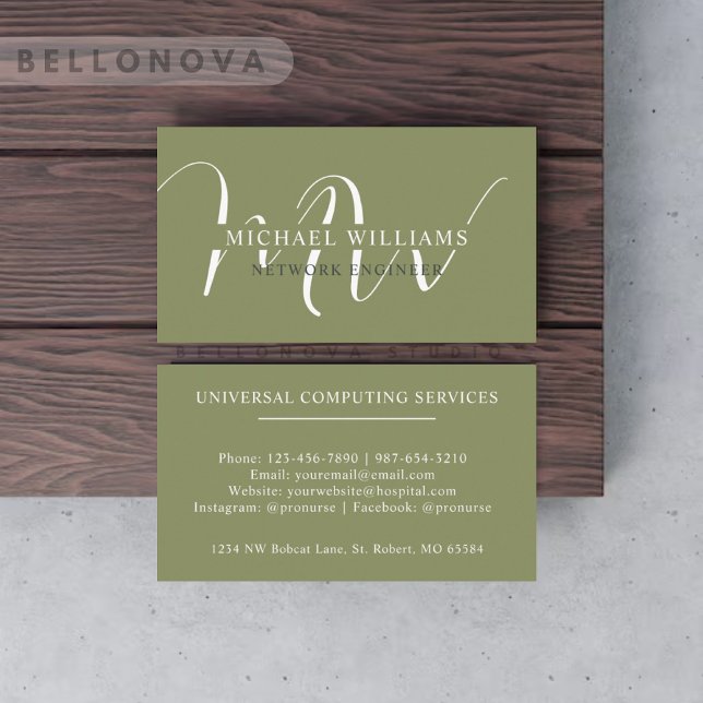 Oliv grönt vitt monogram för anpassad namnmätarsid visitkort (Custom Name Moss Sage Olive Green White Monogram Business Card)